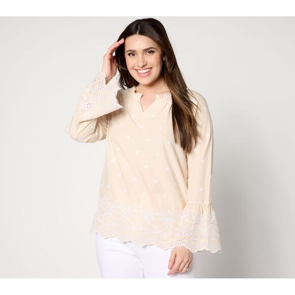 Belle by Kim Gravel Women's Top Plus Sz 1X Daisy Pop Embroidered Brown A646302 - Picture 1 of 4